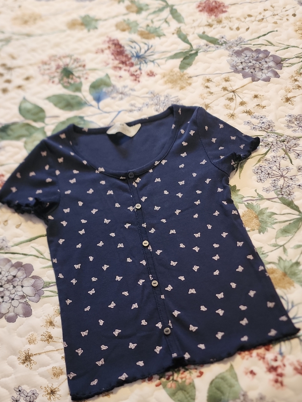 Navy Blue Girls' Button-Front Top with Butterfly Print